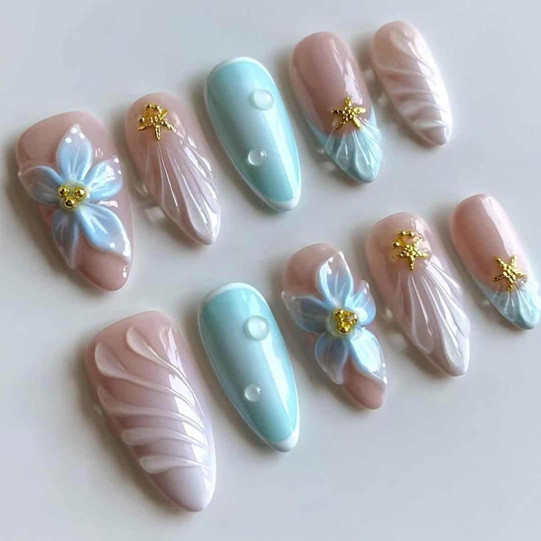 24Pcs Blue Summer Press on Nails Medium Almond Fake Nails 3D Flower Acrylic Nails with Gold Beads Starfish Charms Handmade Nails French Tip Glue on Nails Ocean Beach False Nails for Women Girls