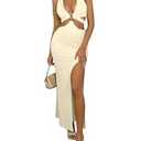 WDIRARA Women's Cut Out Halter Bodycon Dress Backless Side Slit Prom Long Dresses Beige Large