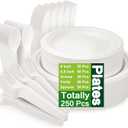 250 Piece Compostable Plates, Sugarcane Paper Plates with Extra Long Utensils, Eco Friendly Disposable Dinnerware Set Biodegradable Cutlery, Spoons, Forks and Knives for Party, Camping, Picnic(White)
