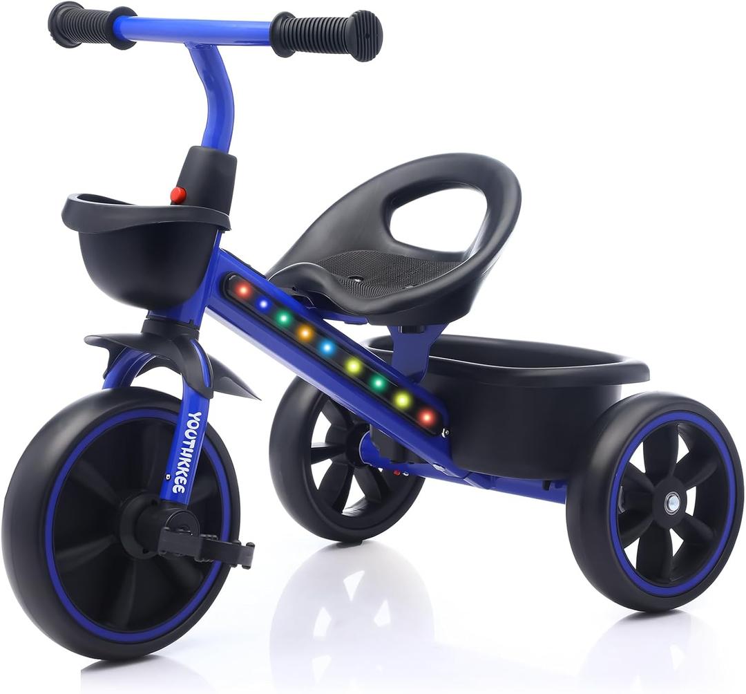 Kids Tricycle with Colorful LED Lights for Toddlers 1-3 Years, Stable 3-Wheel Design & Storage Basket for Fun Indoor Outdoor Ride, Gift for Baby Boy Girl (Blue)