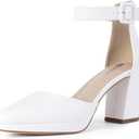IDIFU IN3 Womens Closed Toe Heels Chunky Block Platform Pumps Pointed Toe Ankle Strap Dress Shoes for Women Comfortable Wedding Short Low Pumps Shoes, Size 7