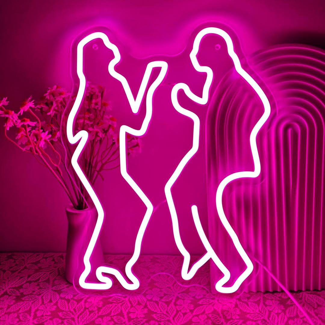 Pink Neon Light for Game Room, Adjustable Brightness Silhouette Wall Art Featuring Dancing People, Retro 80s Style LED Sign for Studio & Club Decor, USB Interface, Premium Acrylic