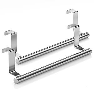 Mosuch Stainless Steel Over Door Towel Rack Bar Holders for Universal Fit on Over Cabinet Cupboard Doors 2 Pack (Sliver)
