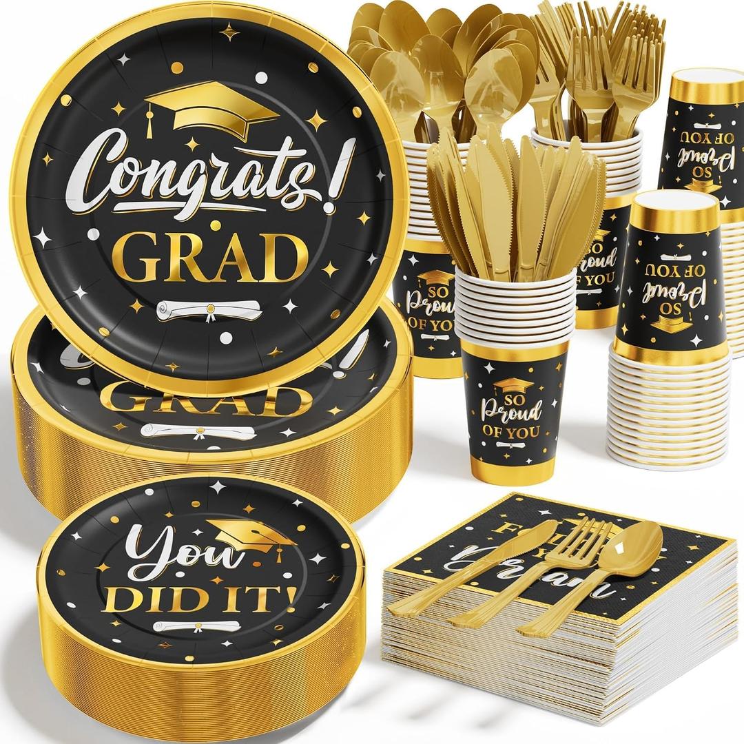 Graduation Decoration Class of 2026, 350PCS Graduation Party Supplies Disposable Dinnerware(Serve 50) with Paper Plates Cup Napkin Fork Knife Spoon College High School Grad Decor(Black & Gold)