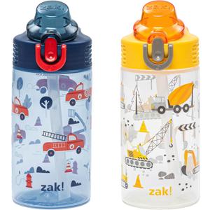 Zak Designs Sage Kids Water Bottle For School or Travel, 16oz Durable Plastic Water Bottle With Straw, Handle, and Leak-Proof, Pop-Up Spout Cover, 2-Pack Set (Construction and Rescue)