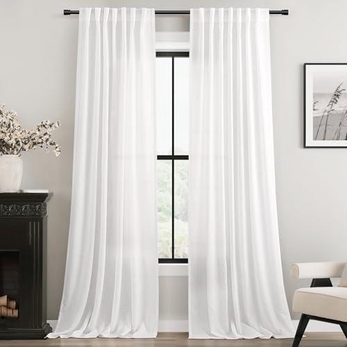 Extra Long White Curtain 120 inches Long 2 Panels Set Back Tab Light Filtering Cotton Textured Curtain Modern Farmhouse Coastal Decor White Linen Drapes 120 inch Length for Large Window 10 FT 42x120