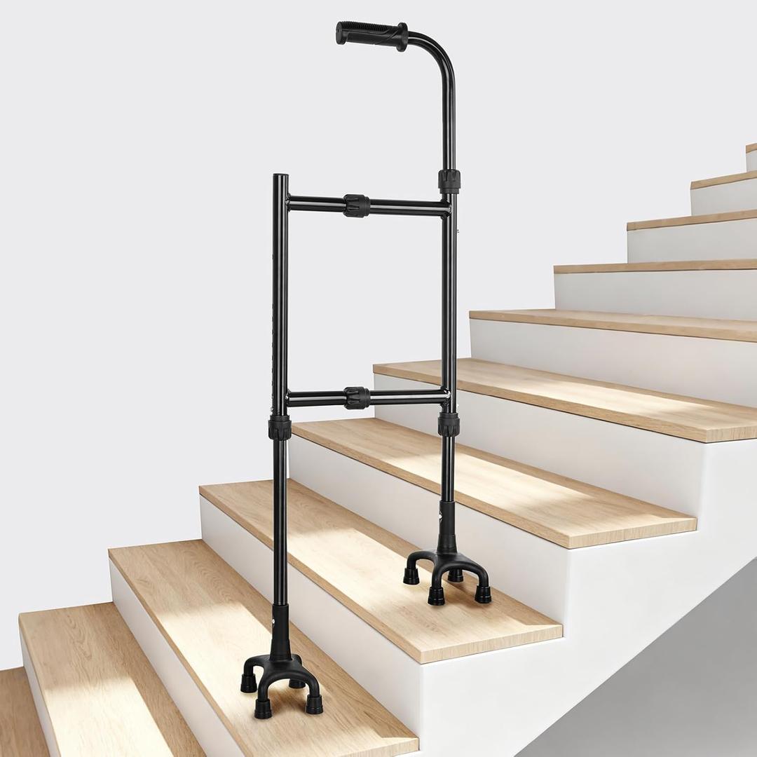 Stair Climbing Aid Cane for Seniors  Height & Width Adjustable, Lightweight Portable, Slip-Resistant Sturdy | Fits Standard Steps 300lbs | Stair Aid Cane for Elderly, Sore Knees, &Post-Surgery (Double Base, black)
