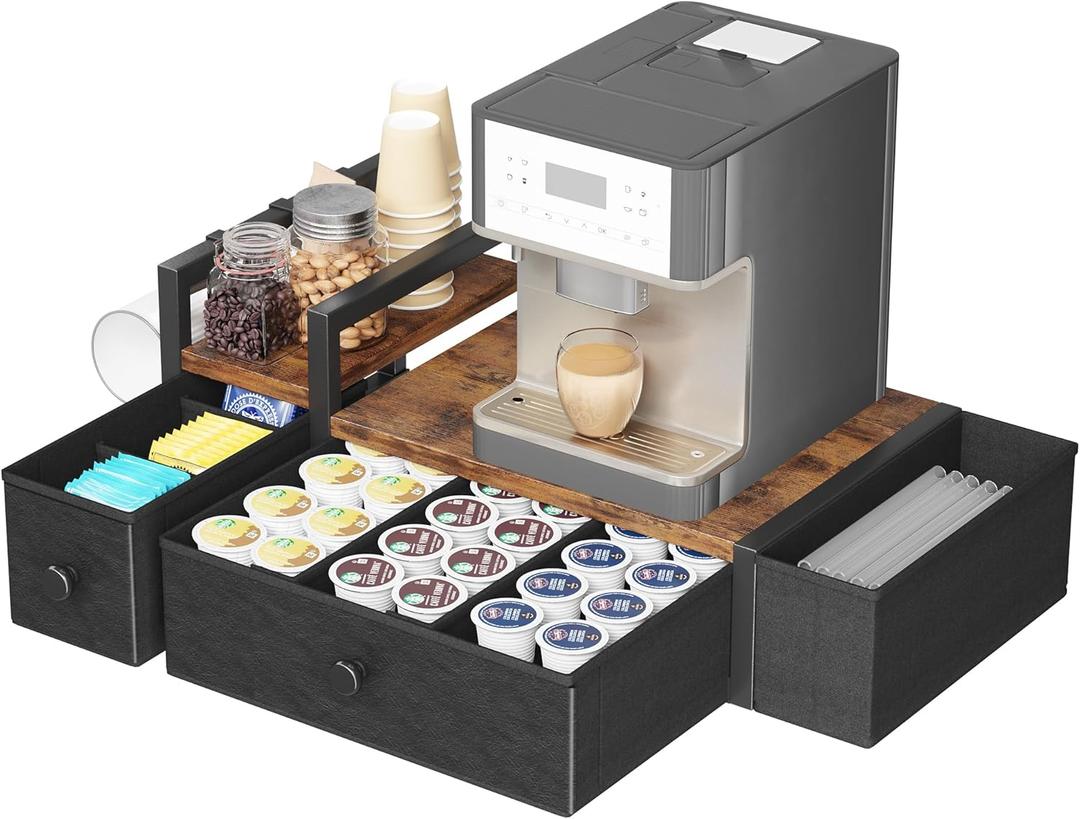 Homeiju Coffee Pod Drawers  K Cup Organizer, Nespresso Pods Holder with Mug Rack, Coffee Holder for Countertop, 52 Capacity Pods, Suitable for Kitchens, Offices and Coffee Bars(Brown)