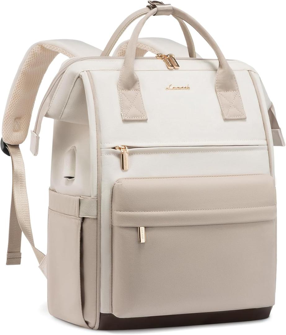 LOVEOVOOK 15.6 Inch Laptop Backpack for Women, Large Capacity Travel Backpack with USB Charging Port, Waterproof Work Backpack for Business, College, Nursing & Airline Travel,Nude White (Beige-nude-coffee)