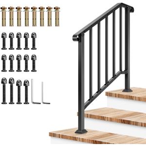 VIVOSUN Outdoor Handrail, 3 Step Stair Handrail, 40" x 36" Fits 1 to 3 Steps, Wrought Mattle Iron Stair Railing with Curved End and Balusters for Concrete Step, Porch Steps, One-Step Assembly, Black