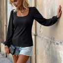 Womens Puff Long Sleeve Tops Square Neck Ribbed Knit Slim Fit Blouse Basic Tee Tops Elegant T Shirts (L)