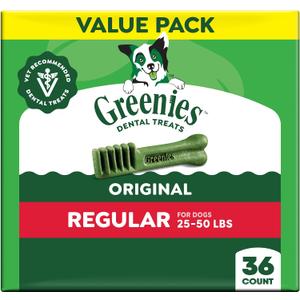 Greenies Veterinarian-Recommended Adult Natural Dental Dog Treats Regular Size, Dog Dental Chews, Original Flavor, 36 oz. Pack, 36 Count (EXP 07/22/27)