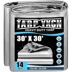 Heavy Duty Tarp 30x30 Feet, 14 Mil Waterproof Poly Tarps Cover UV Resistant, Rip & Tear Proof with Metal Grommets Every 20 Inches Silver Tarp by TA*RP YXCN