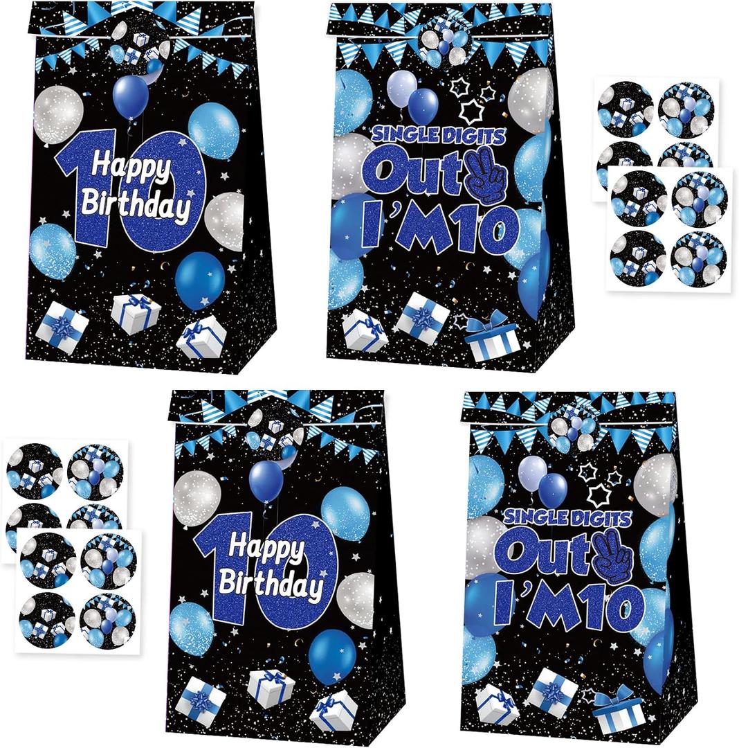 24Pcs Peace Out Single Digits Party Favor Bags, Blue Black I'm 10 Birthday Gift Goodie Bags with Matching Stickers, Double Digits Birthday Party Supplies Decorations, 1 count