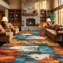 8x10 Area Rug for Living Room,Modern Abstract Burnt Orange Rug,Terracotta and Teal Brushstroke,Washable Rug,Non Slip, Bedroom, Dining Room, Home Office
