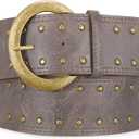 Wide Chunky Leather Belts for Women 2.3" Western Vintage Boho Studded Thick Waist Belt for Dresses (4-grey/ 2.3" Width)