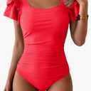 Eomenie Women's Tummy Control One Piece Swimsuit Ruffle Square Neck Bathing Suit Ruched Cutout Back Slimming Swimwear, 2XL