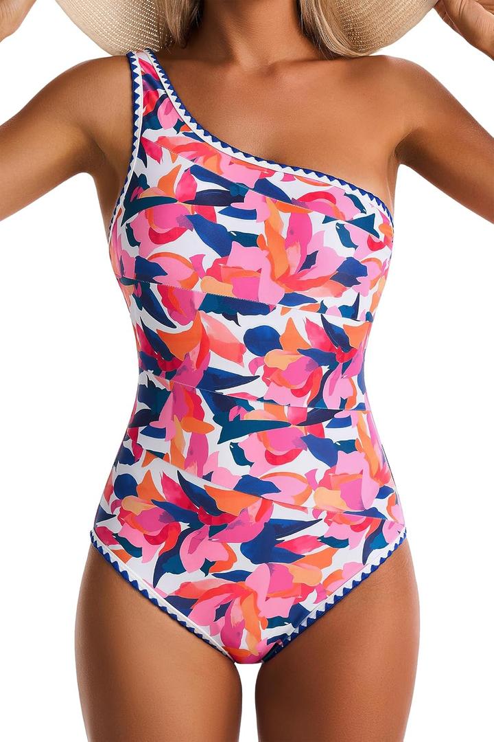 One Shoulder One Piece Swimsuit for Women Tummy Control Bathing Suit Color Block Swim Suit Shell Stitched Swimwear L