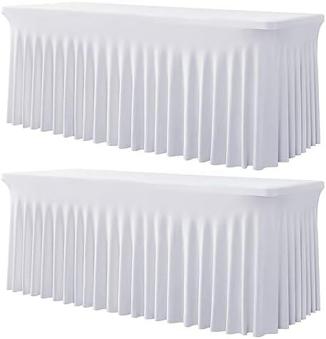 1 Pack White Spandex Tablecloth for 5 Foot Rectangle Tables, Wrinkle Free Fitted Table Clothes Cover 5ft Stretchy Tablecloths with Skirt for Parties Weddings Birthday Banquet Baby Shower