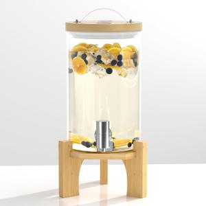 1 Gallon Glass Drink Dispenser For Parties, Beverage Dispenser With Bamboo Wood Stand And Stainless Steel Spigot, Countertop Water Dispenser, Lemonade Dispenser For Wedding, Picnic (1PACK)