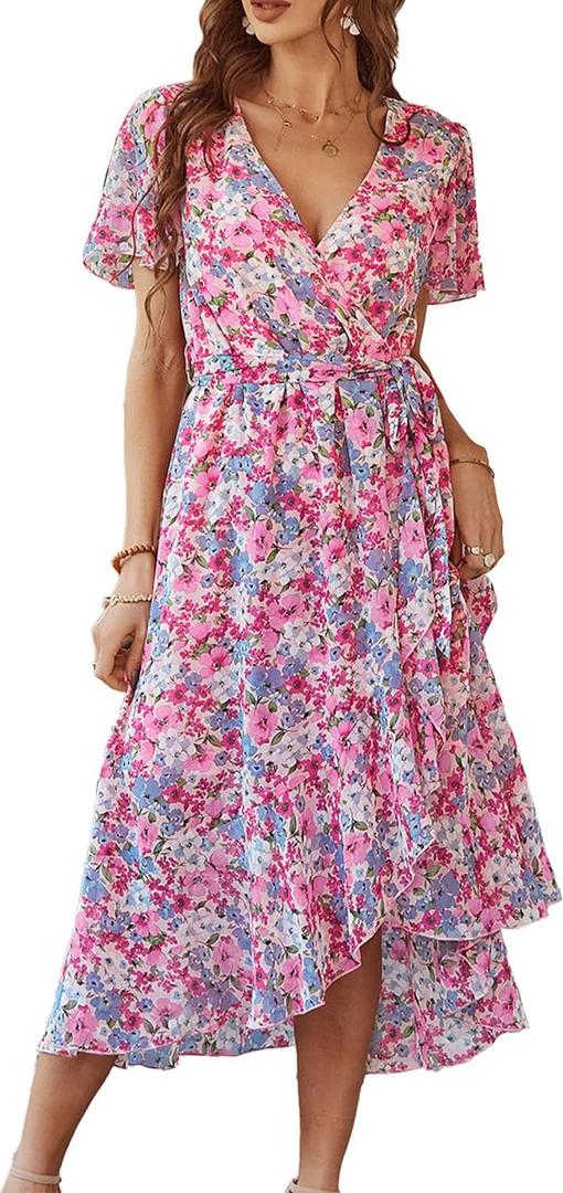 PRETTYGARDEN Women's Summer Floral Boho Maxi Dress Short Sleeve Wrap V Neck Ruffle Long Flowy Beach Wedding Guest Dresses (Medium)