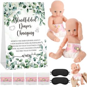 9 Pcs Baby Shower Diaper Changing Game Supplies Including Baby Dolls Blindfold Diapers Wooden Sign Changing Race Game Party Favor (Leaves,Green)