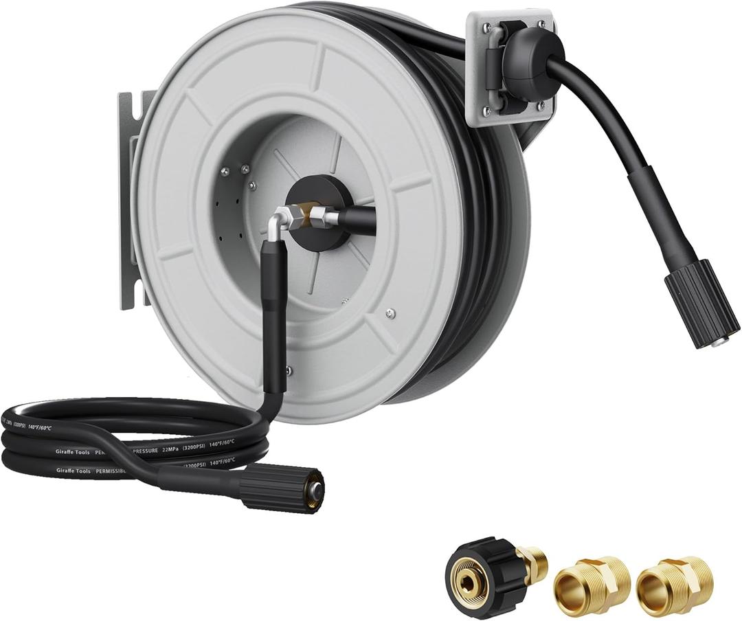 Giraffe Tools Pressure Washer Hose Reel 65ft, Retractable Power Washer Hose Reel, Heavy Duty, Wall/Floor Mounted, 3200 PSI, Silver