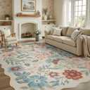 DCX Beige Floral Rug 4x6, Washable Beige Rug for Living Room, Kid & Pet Friendly with Rubber Back Non Slip, Soft Low Pile Carpet, Stain Resistant Rug for Bedroom, Nursery, Dining Room