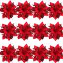 NUOBESTY Christmas Glitter Poinsettia Flowers Artificial Flowers for Christmas Tree Decorations Red Wreath Florals with Stems and Clips 12 Pack