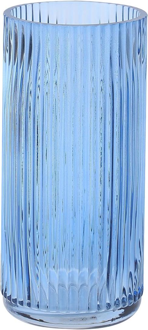 Ribbed Glass Vase, Blue Glass Vase for Bouquet, Modern Vases for Flowers, Ribbed Vases for Living Room, Bathroom, Dining Table, Office, Wedding, Centerpieces, 8 Inches
