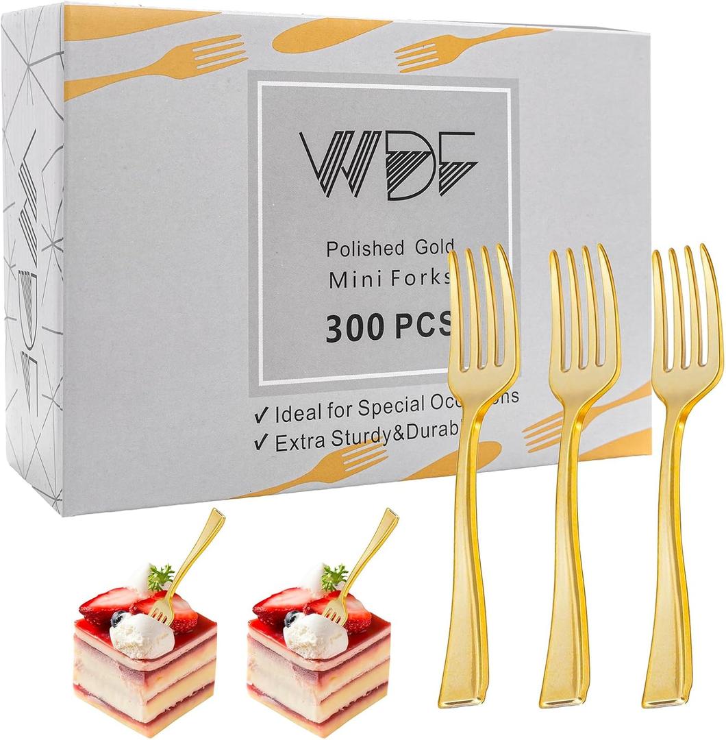 WDF Disposable Plastic Mini Forks 300 Pieces 4 Inches | Mini Gold Forks | Plastic Dessert Forks | Perfect for Small Appetizers and Desserts for Wedding/Party/Birthday