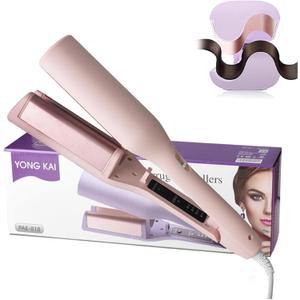 32mm (1.25") Wave Curling Iron, 2 Barrel Ionic Wavy Hair Curler with Anti-Scald Hair Crimper, Fast Heating, Dual Voltage, 4 Temp Ceramic Hair Waver for Wide Deep Waves (Pink)