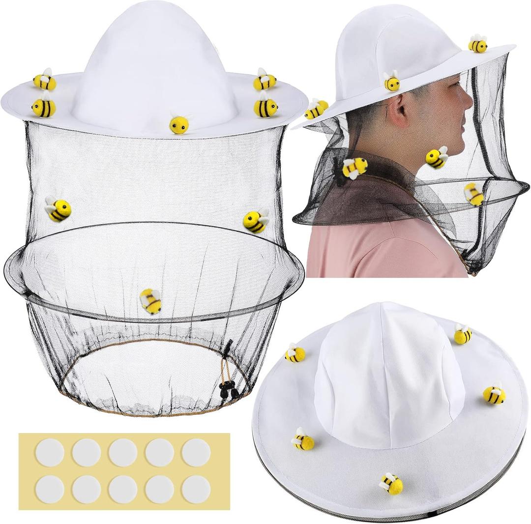 Unittype 22 Pcs Halloween Beekeeper Costume Set Including 2 Bee Keeper Hat and Veil, 10 Wool Felt Bee, 10 Round Double Sided Tape Beekeeper Helmet Bug Insect Hats with Netting for Men Women Adult