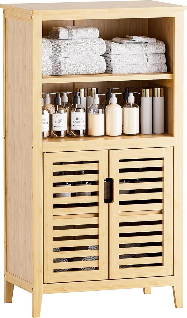 HITNET Bathroom Cabinet Freestanding, Bamboo Storage Cabinet 5-Tier Floor Cupboard with Door and Shelf for Bathroom, Kitchen, Hallway, Natural, Small