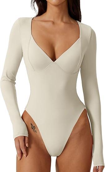 QINSEN Women's Long Sleeve Bodysuit V Neck Body Suits Seamed Cup Going Out Tops Shirt, Size S