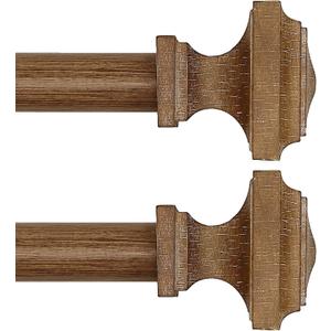 Wooden Curtain Rods for Windows 32-45 inches Curtain Rod Diameter 1 Inch, Wood Decorative Treatment Single Window Curtain Rods - Square Imitation Wood Grain Finial 2 Pack
