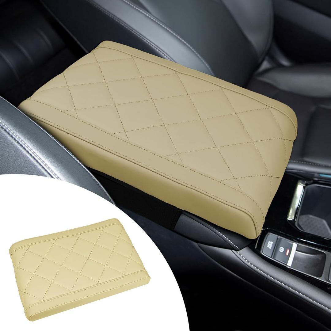 Hovom Car Center Console Armrest Pillow, 12.6"7.87"1.97" Leather Arm Rest Cover for Cars, Soft Comfortable Auto Armrest Cushion Pad, Vehicle Middle Console Cover, Car Accessories (Beige)