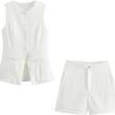 Women Round Neck Single Breasted Sleeveless Long Tank Top Female High Waist Wide Leg Shorts Two-Piece Set L