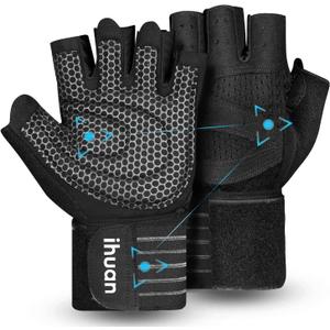 ihuan Ventilated Weight Lifting Gym Workout Gloves with Wrist Wrap Support for Men & Women, Full Palm Protection, for Weightlifting, Training, Fitness, Hanging, Pull ups (Large, Black)