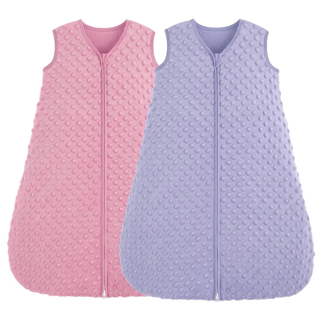 Fleece Baby Sleep Sack 0-6 Months, 1.5 TOG Cotton Baby Wearable Blanket With Soft Plush Dots, 2 Pack Newborn and Infant Warm Sleeping Sack with 2-Way Zipper Pink&Purple (Small)