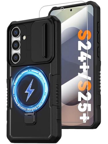 Magnetic Case for Samsung Galaxy S25+ Plus/Galaxy S24+ Plus, with Ring Stand [Screen Protector] [Compatible with MagSafe] Military Grade Case with Camera Cover, Heavy Duty Shockproof Cover, Black
