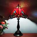 Tiffany Table Lamp Red Baroque Style Stained Glass Lamp 12X12X19 Inch Antique Lamp for Office Home Bedroom Living Include 3-Color LED Bulb