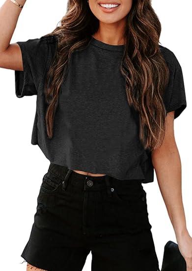 Tankaneo Women Short Sleeve Cropped T-Shirts Crew Neck Loose Crop Tops Summer Casual Drop Shoulder Basic Tees M