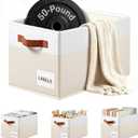 4 Pack Large Closet Storage Baskets for Shelves - 14x10 Heavy Duty Closet Shelf Organizer Bins with Handles & Labels - Decorative Collapsible Baskets for Organizing Living Room Bedroom Nursery Dorm (Beige with White)