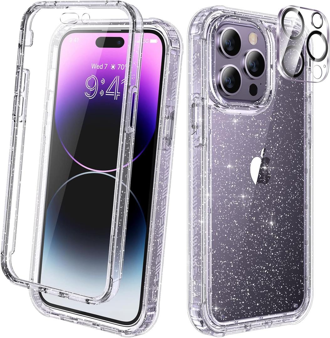Diaclara Designed for iPhone 14 Pro Max Case 6.7 [2023 Upgraded], Full Body Rugged Case w/Built-in Touch Sensitive Anti-Scratch Screen Protector+9H Glass Camera Lens Protector(Clear Glitter)