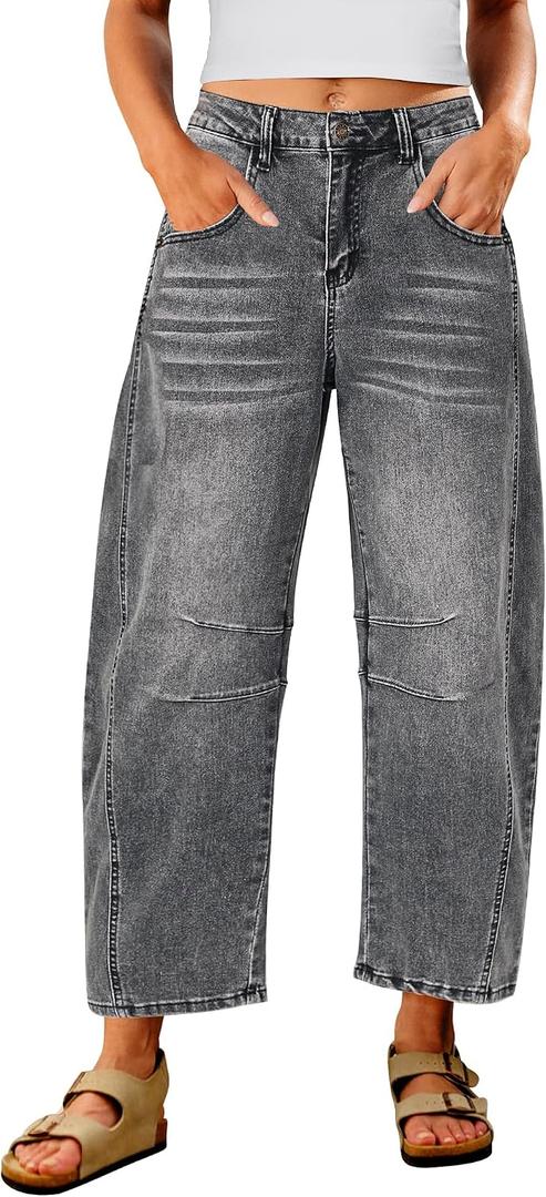 Utyful Barrel Jeans Women Cropped Baggy Trendy High Waisted Distressed Loose Stretch Denim Trouser Jeans with Pockets (Gray, L)