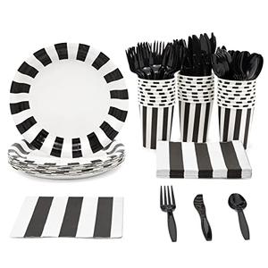 Black and White Party Decorations - Serves 24 Striped Party Supplies with Plates, Napkins, Cups and Cutlery for Birthday, Graduation - Emo Birthday Decorations