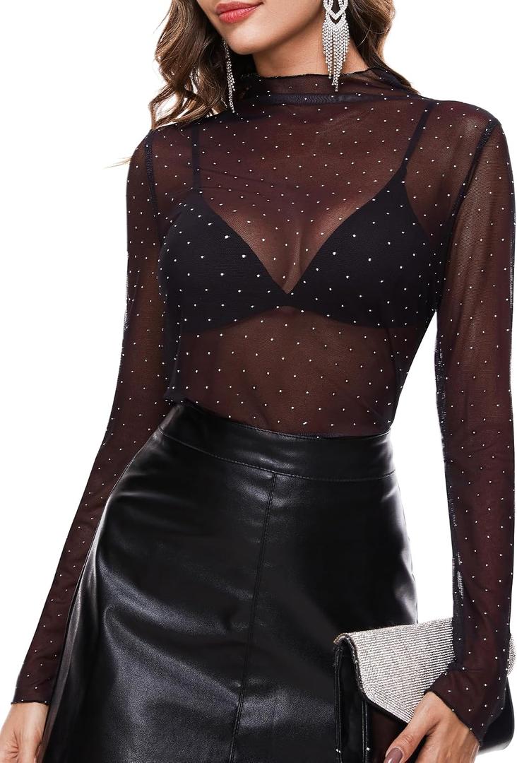 BBX Lephsnt Womens Sheer Mesh Layering Top Sparkle Long Sleeve Shirts Mock Neck See Through Tee Shirt (Black, S)