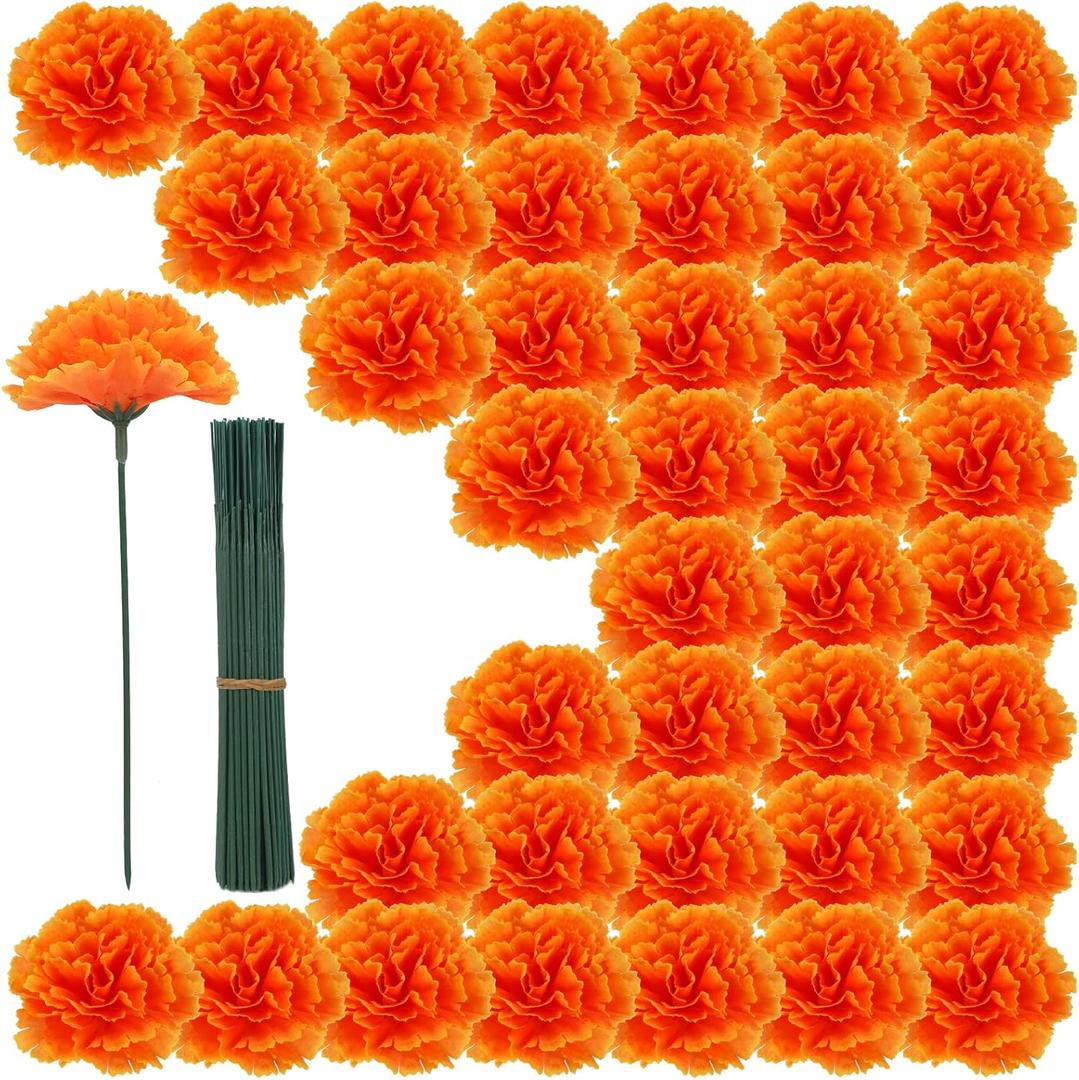 100PCS Marigold Flower Heads with Stems  Artificial Cempasuchil Flowers for Da de Los Muertos Altar, Day of The Dead Decorations, Halloween, Mexican Party, DIY Garland & Wreath DcorOrange