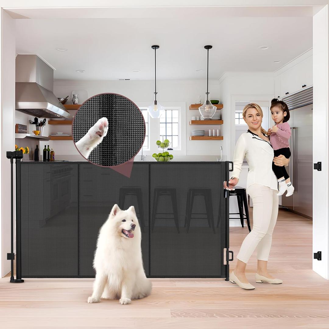 Reinforced 41 Inch Extra Tall Retractable Baby Gates 80" Wide Retractable Dog Gate with Support Rods  Prevents Crawling Under, Indoor Long Baby Gate Retractable Gate Outdoor Extra Tall Dog Gate/Black